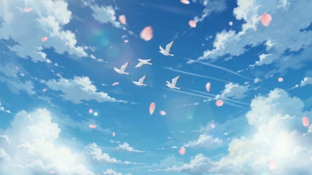 【アニメ風背景】青空と舞い散る桜と鳥の羽ばたき