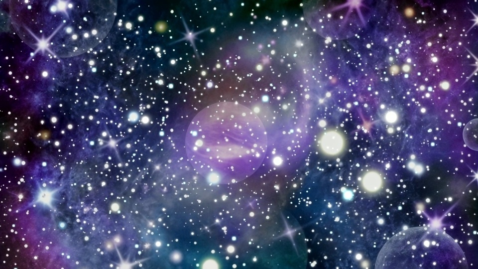 惑星たちと青紫の星雲の幻想的なグラデーション宇宙背景