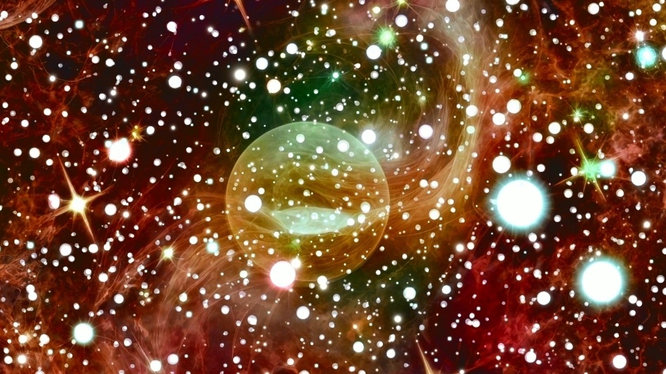 惑星たちと青紫の星雲の幻想的なグラデーション宇宙背景