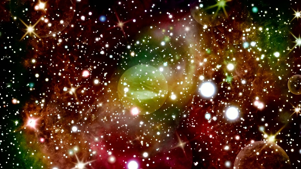 惑星たちと赤の星雲の幻想的なアニメーション宇宙背景