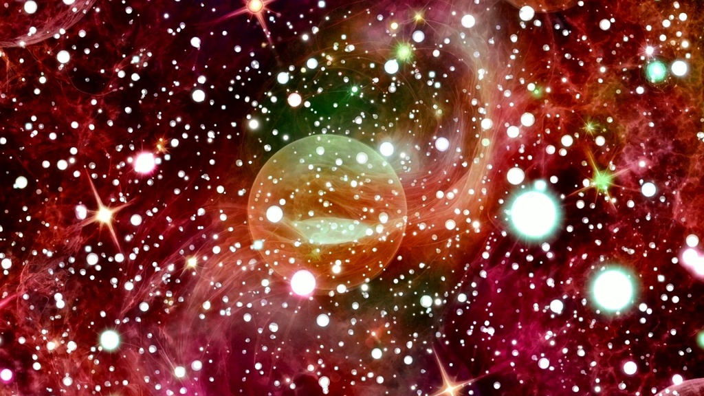 惑星たちと赤の星雲の幻想的なアニメーション宇宙背景