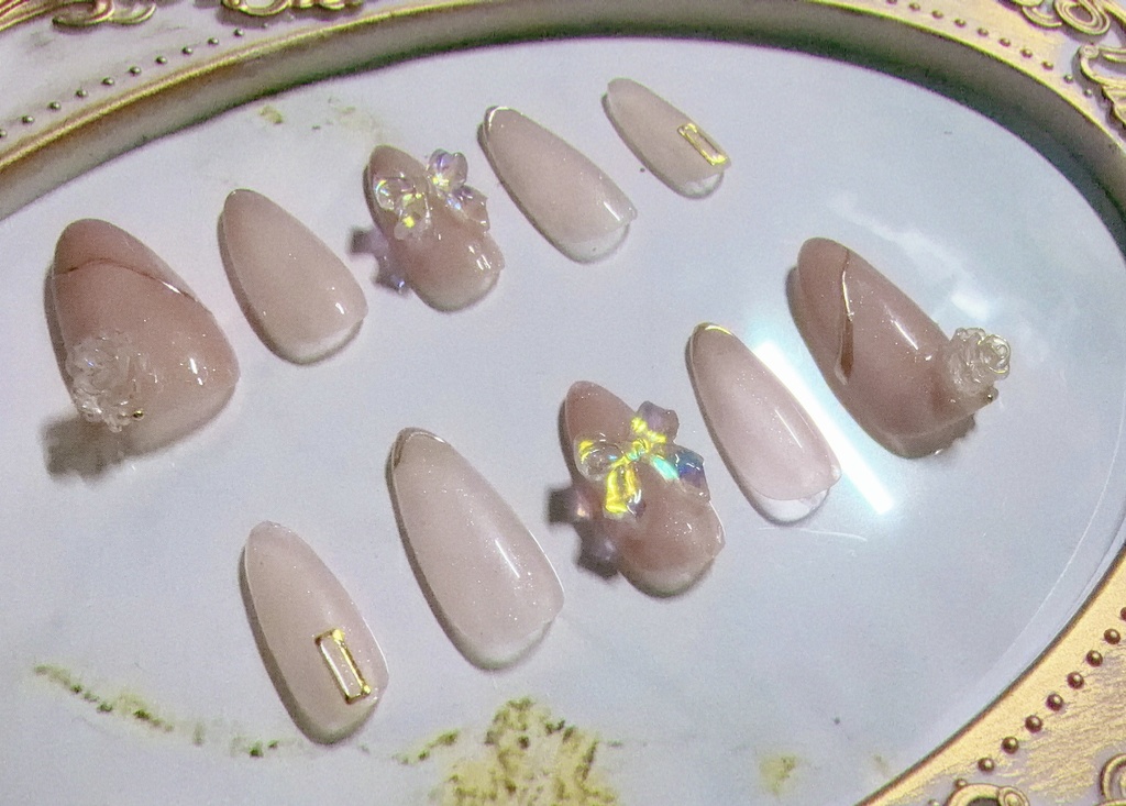 ネイルチップ バラ×リボン ピンク