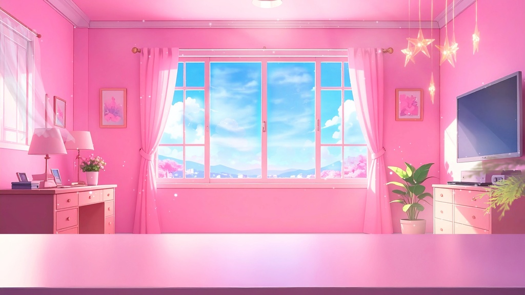 ピンクの可愛い配信ルーム動画素材 (PNGテーブル付き)