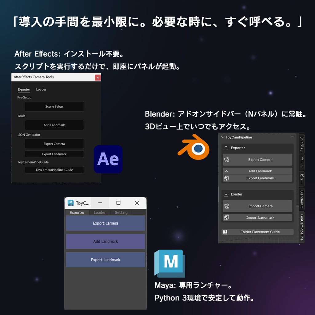 「AE⇔Blender/Maya カメラ同期ツール|Toy Camera PipeLine」【無料評価版あり】