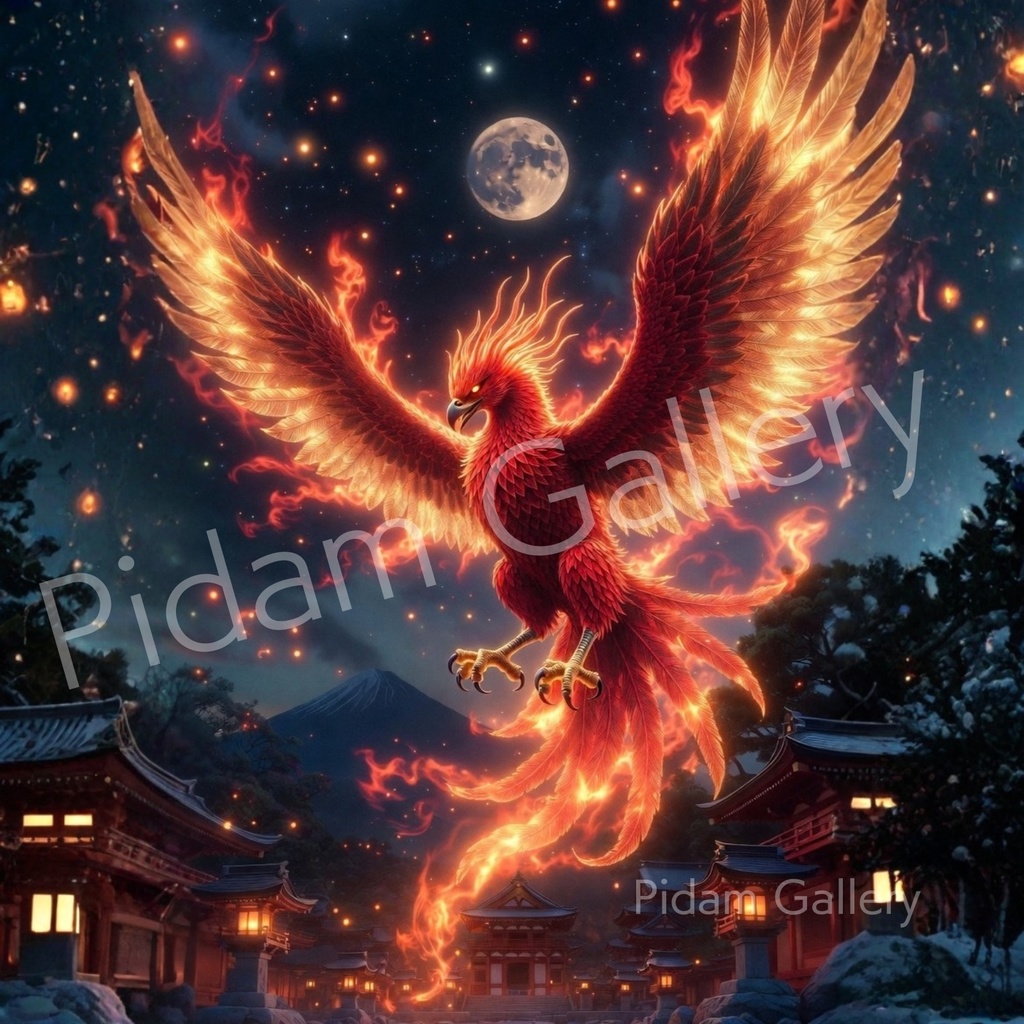 朱雀降臨｜炎と月が導く神鳥アート【D023】