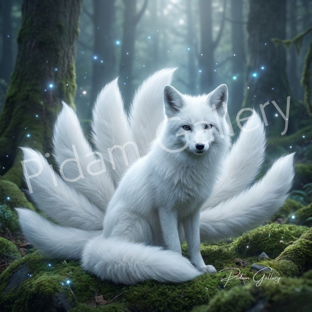 九尾の守護|神域に佇む白狐アート A4【D026】