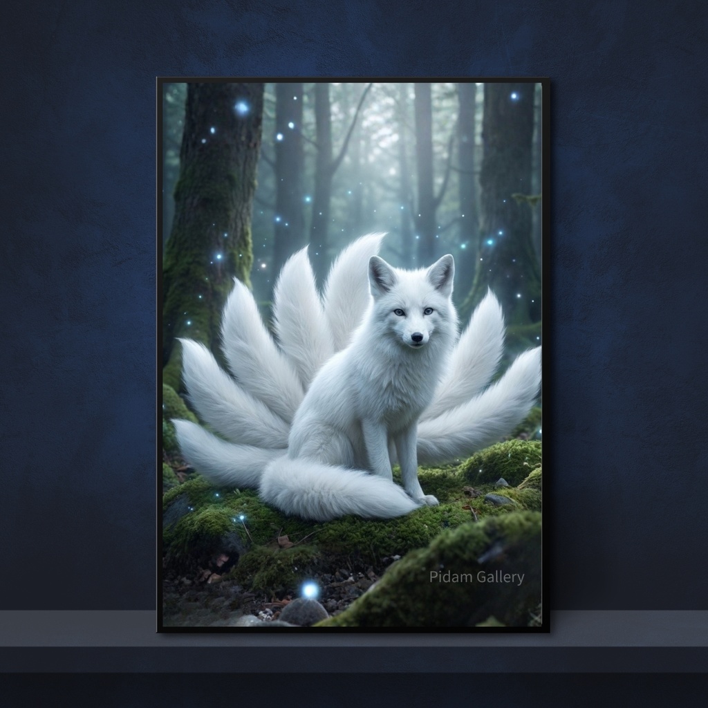 九尾の守護|神域に佇む白狐アート A4【D026】