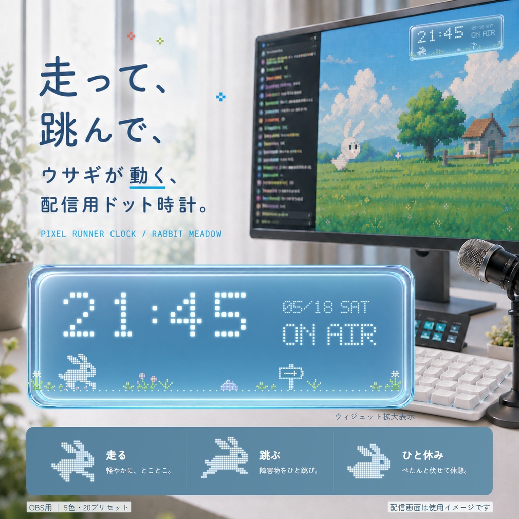 【OBS対応】動くウサギドット時計｜全5色・20プリセット｜Rabbit Meadow