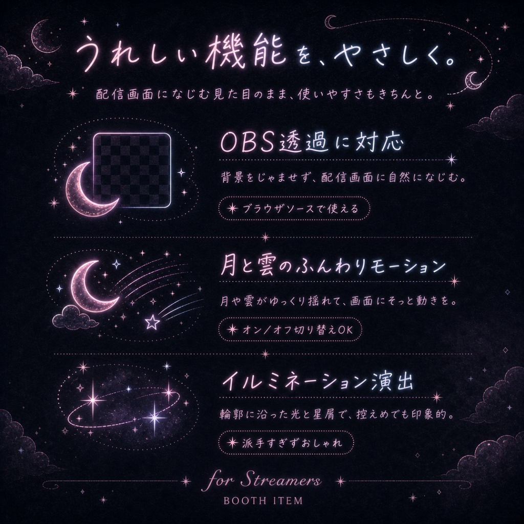 【OBS対応】月と雲のネオン時計|4プリセット|Moon & Illumination Clock