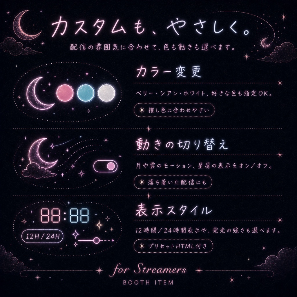 【OBS対応】月と雲のネオン時計|4プリセット|Moon & Illumination Clock