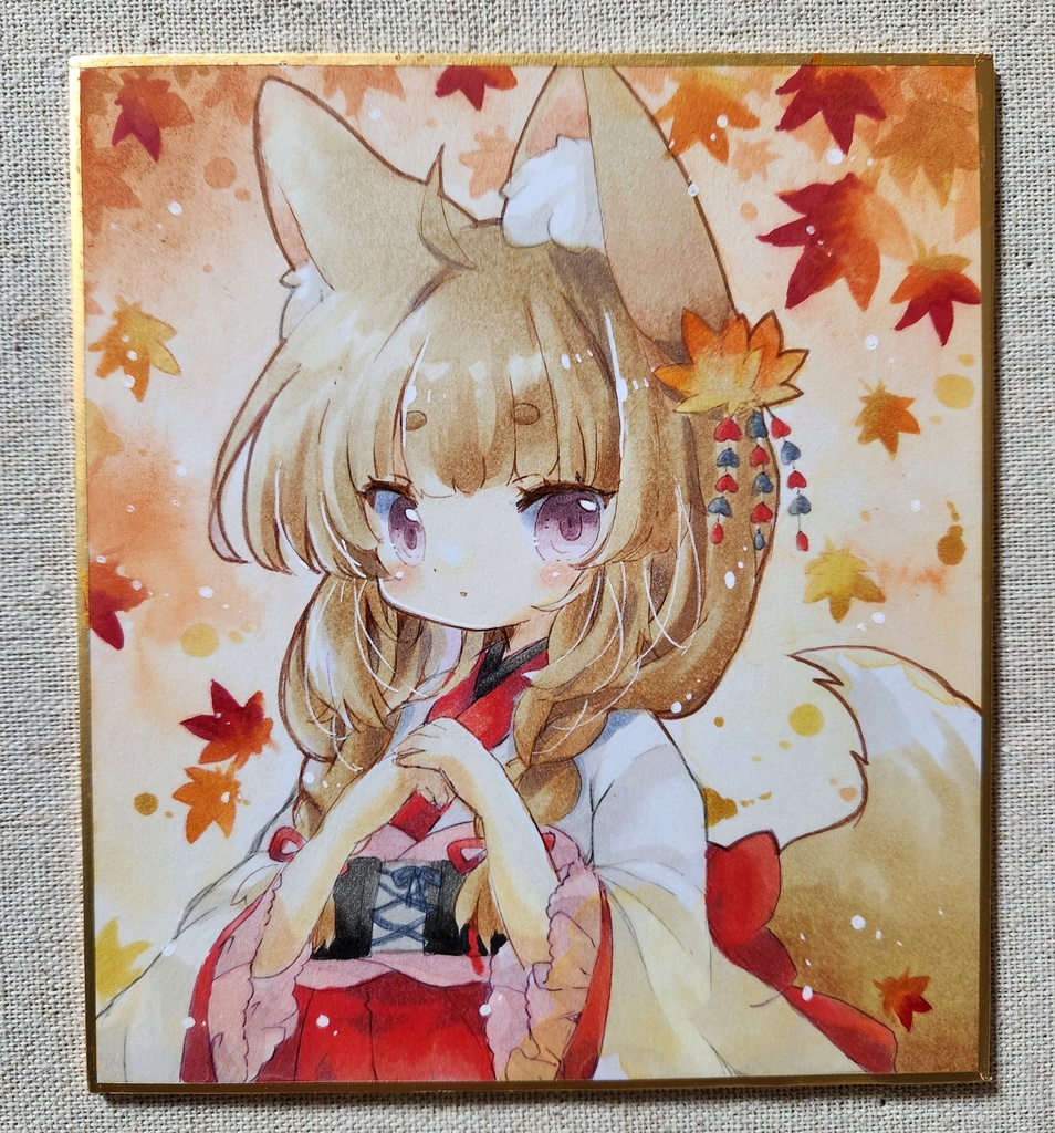 色紙イラスト原画:紅葉と狐さん