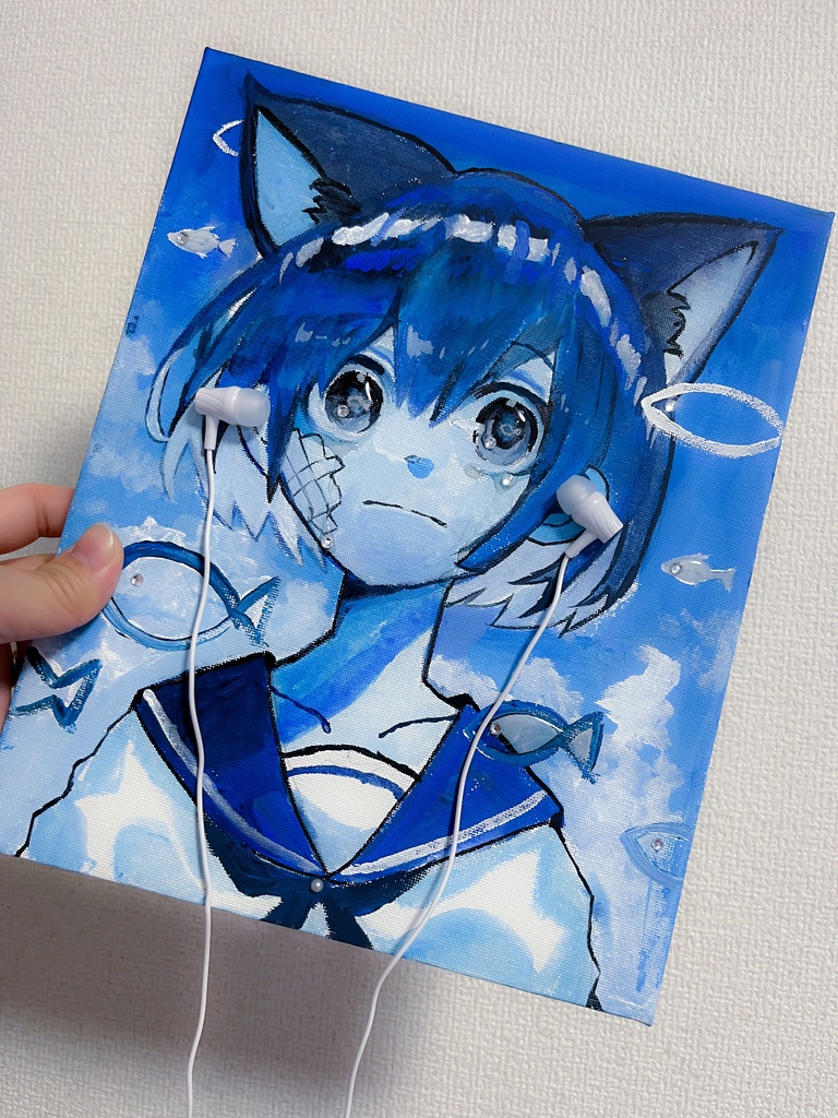 【一点モノ！！】青い猫は音楽を聴く  キャンバス