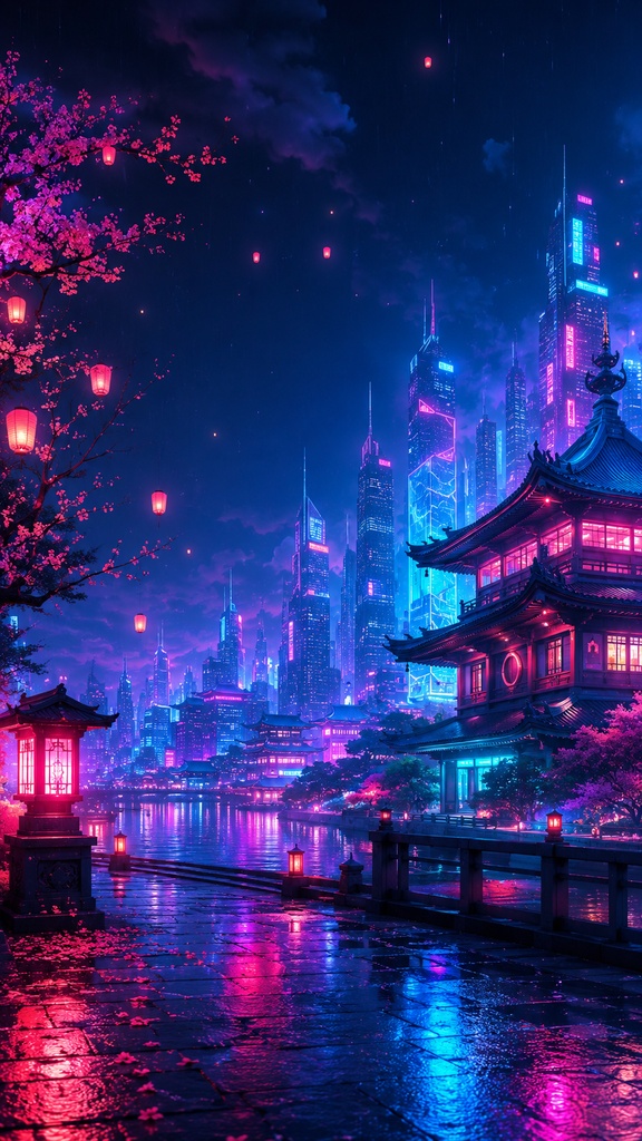 スマホ壁紙10枚セット|和風ネオン・幻想夜景・AIアート
