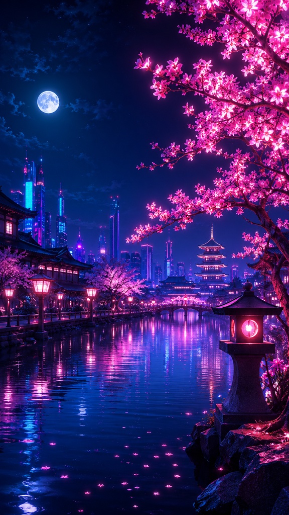 スマホ壁紙10枚セット|和風ネオン・幻想夜景・AIアート