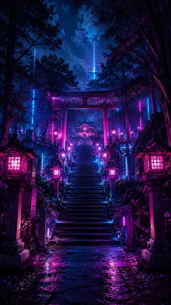 スマホ壁紙10枚セット|和風ネオン・幻想夜景・AIアート