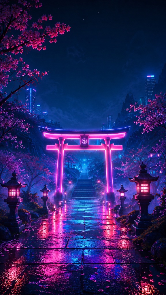 スマホ壁紙10枚セット|和風ネオン・幻想夜景・AIアート