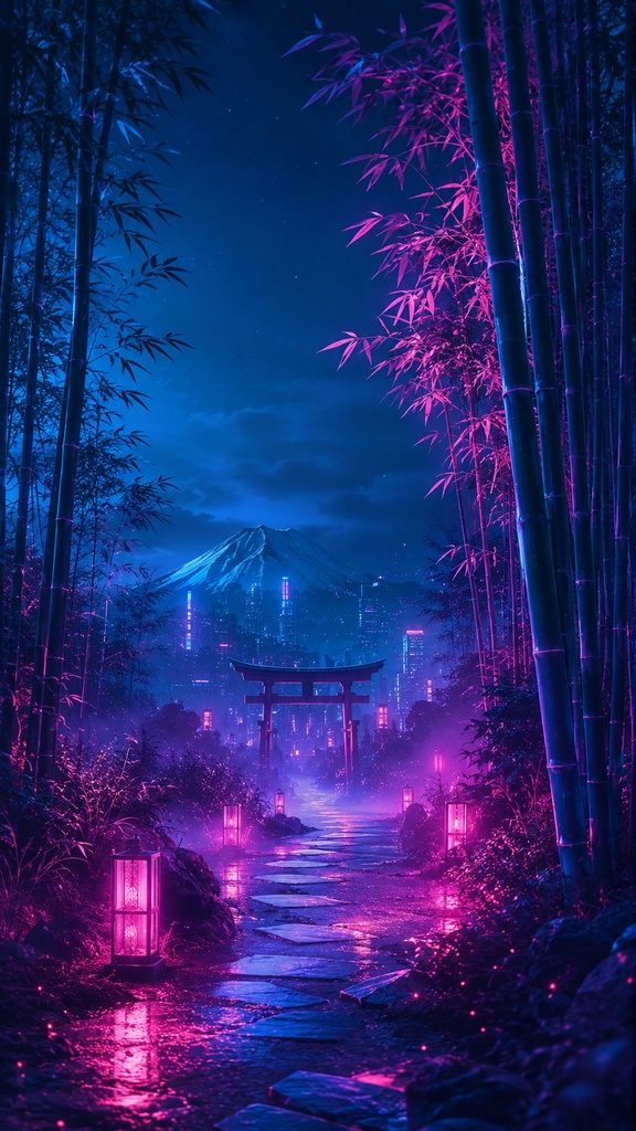 スマホ壁紙10枚セット|和風ネオン・幻想夜景・AIアート