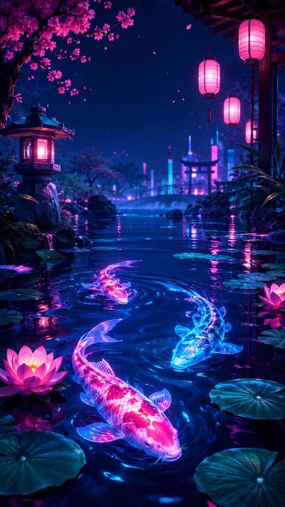 スマホ壁紙10枚セット|和風ネオン・幻想夜景・AIアート