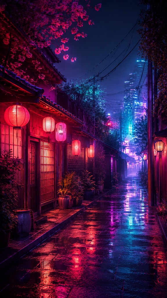 スマホ壁紙10枚セット|和風ネオン・幻想夜景・AIアート