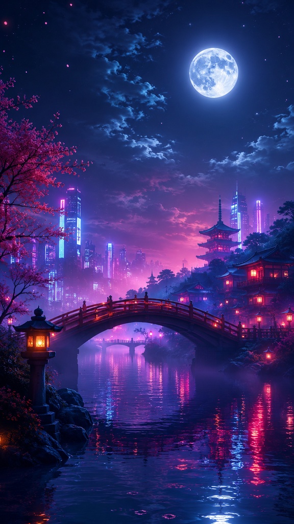 スマホ壁紙10枚セット|和風ネオン・幻想夜景・AIアート