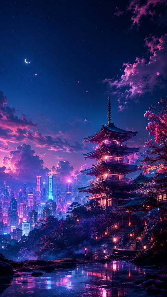 スマホ壁紙10枚セット|和風ネオン・幻想夜景・AIアート
