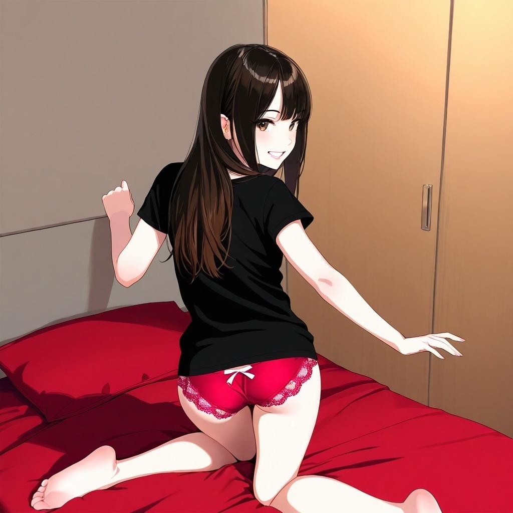 Tシャツ女子の四つん這いパンチラ