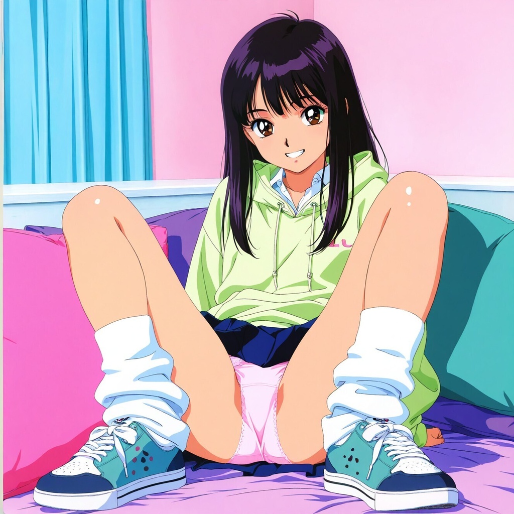 レトロアニメ風JKのM字&四つん這いパンチラ
