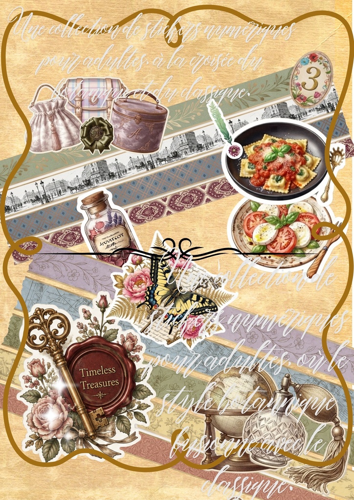 ボタニカル&クラシックデジタル ステッカー全9ジャンル 230種セット|アンティーク 植物図鑑 コラージュ素材 デジタル素材