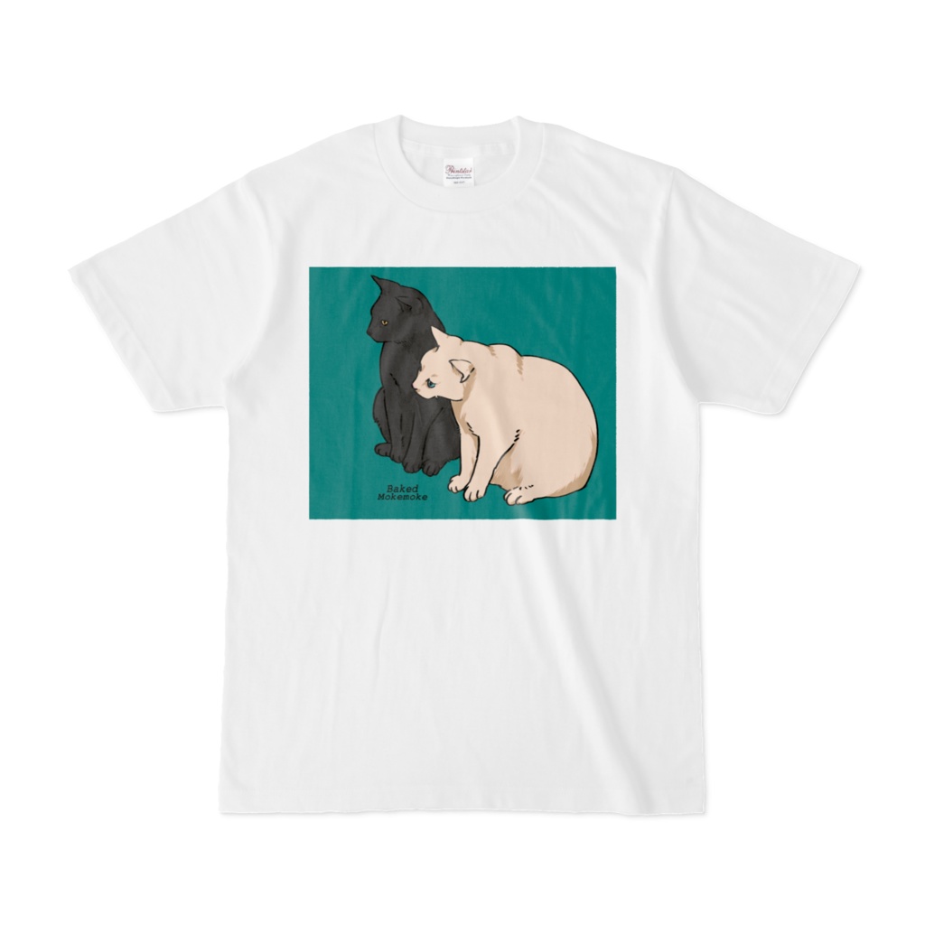 隣の人を見る白猫と黒猫Tシャツ