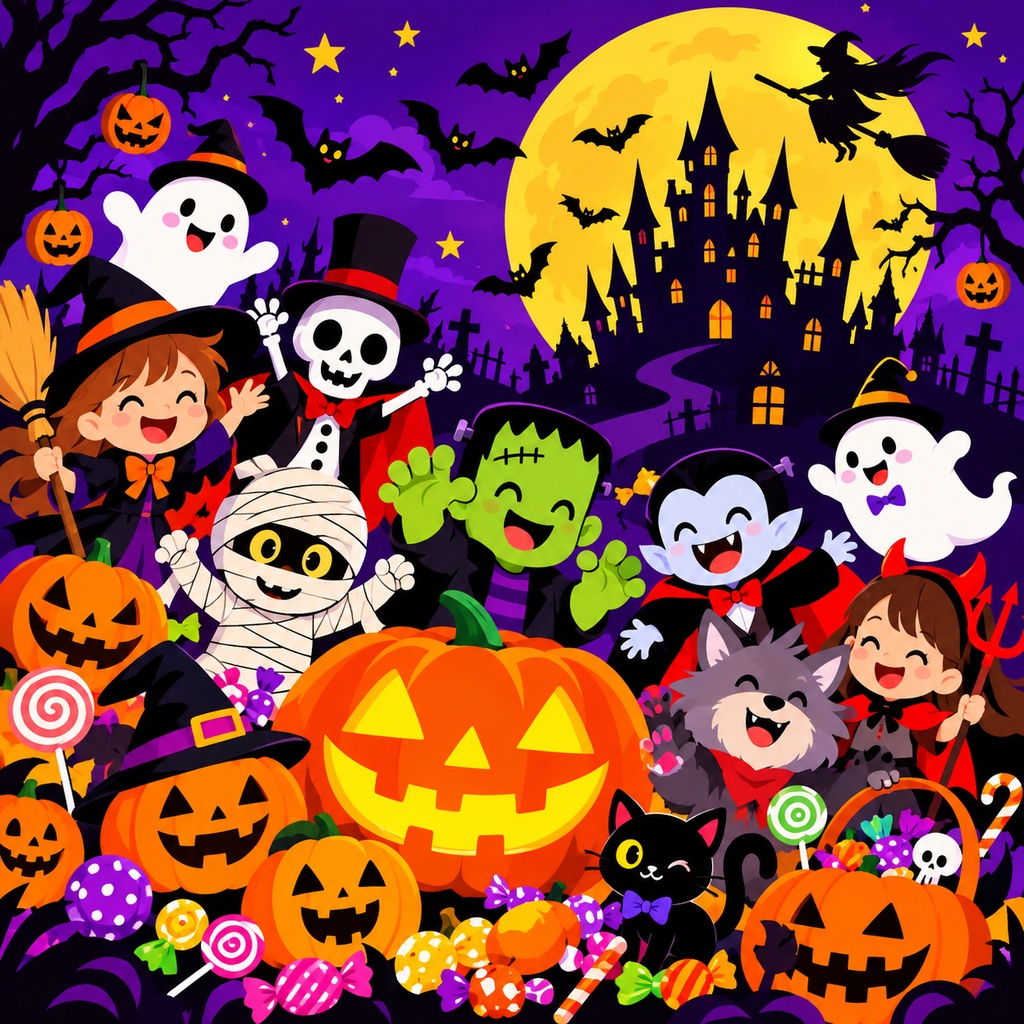 【ハロウィンアート】おばけたちのハロウィンパーティー｜かわいいキャラクター・秋のデジタルアート