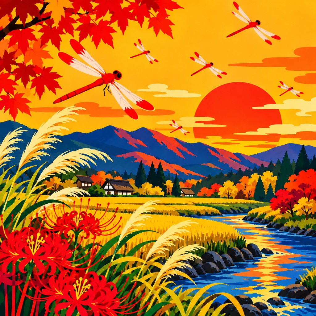 【秋の風景アート】黄金色の秋 ― 夕陽に染まる里山|紅葉×夕焼け|インテリア・デジタルアート