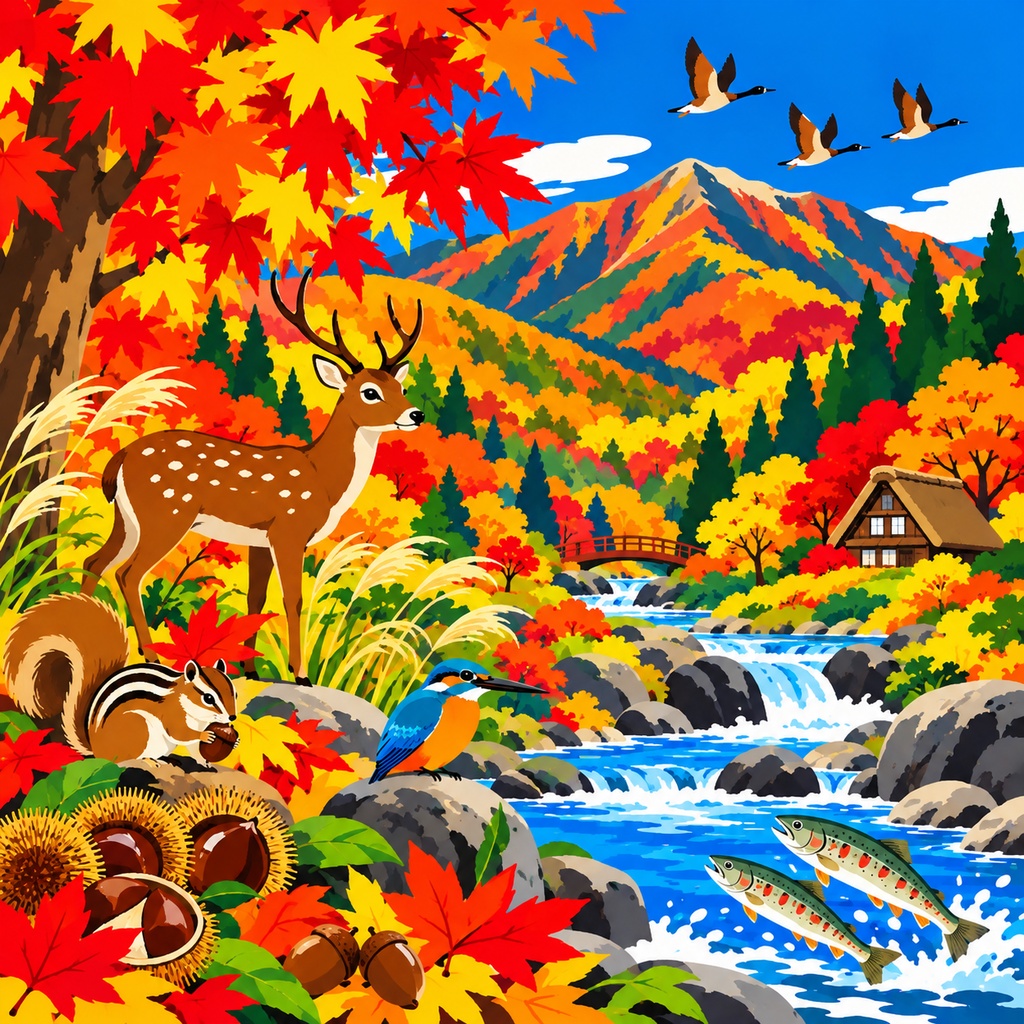 【秋の風景アート】彩りの渓谷 ― 紅葉と清流｜鮮やかな秋景色・インテリア・デジタルアート