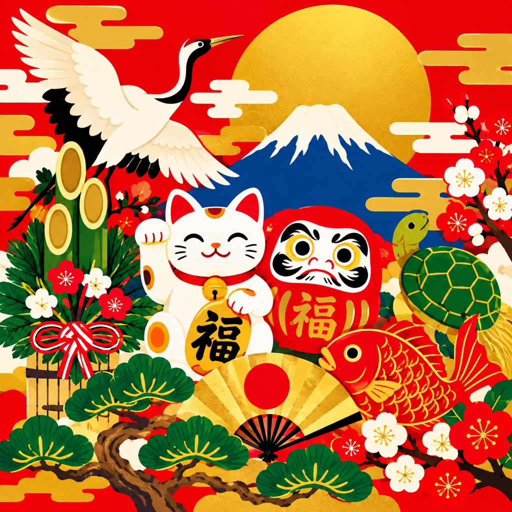 【開運・招福アート】福を招く日本の彩り|招き猫×富士山×鶴|和風ポップ・デジタルアート