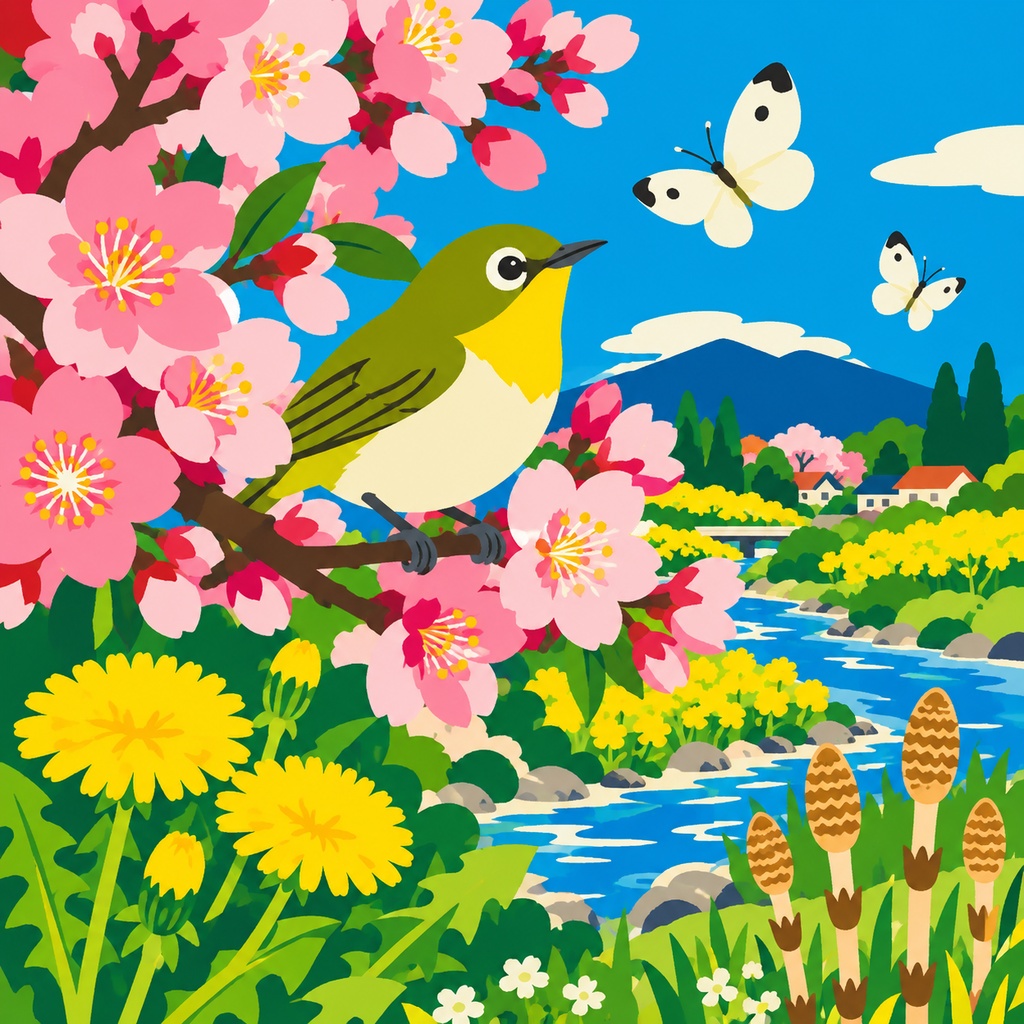 【春の風景アート】春色の楽園 ― 桜と小鳥の歌｜桜×メジロ×蝶々｜インテリア・デジタルアート