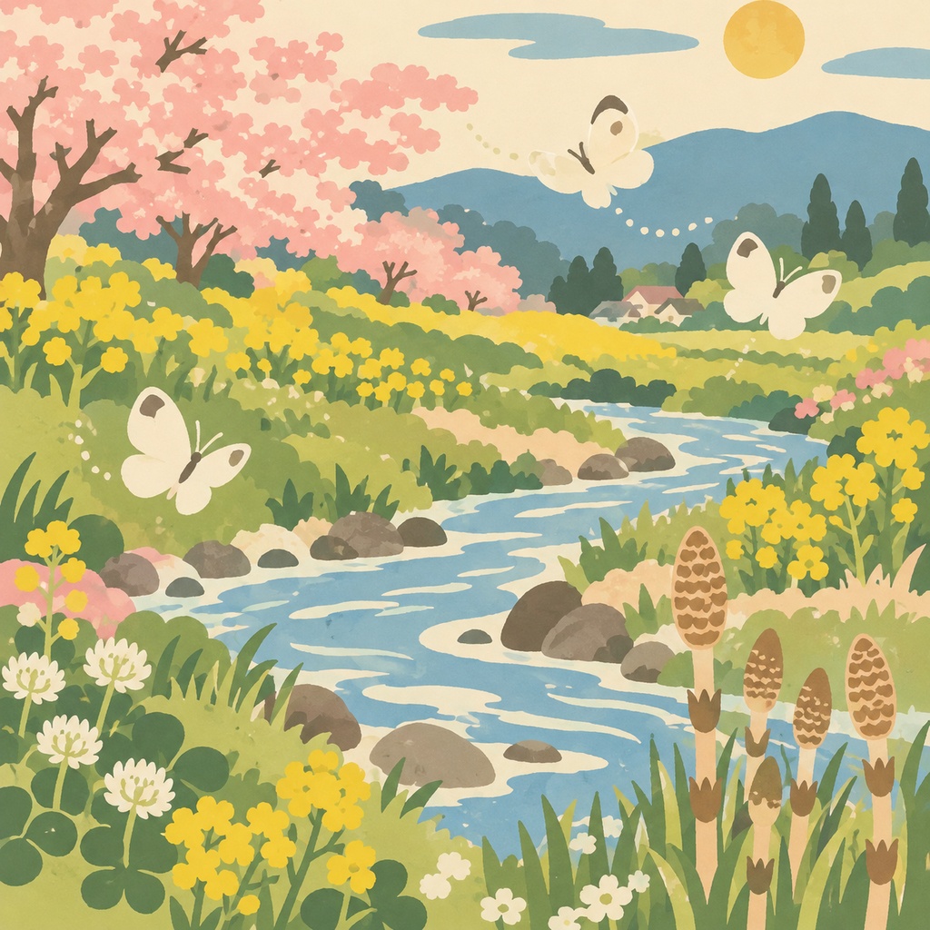 【春の風景アート】桜色の小川 ― 春風に包まれて|桜×花畑×清流|インテリア・デジタルアート
