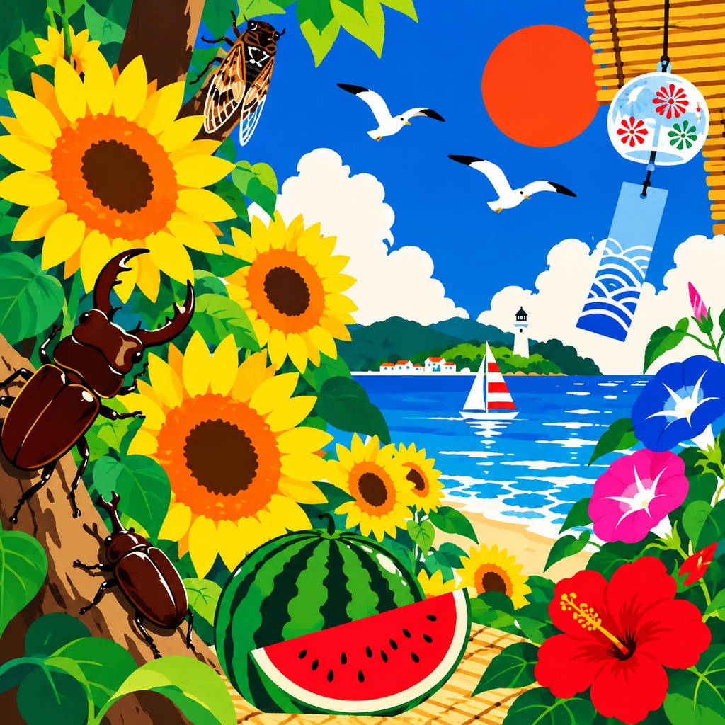 【夏のポップアート】太陽とひまわりの楽園｜青空×スイカ×夏の花｜カラフル・デジタルアート