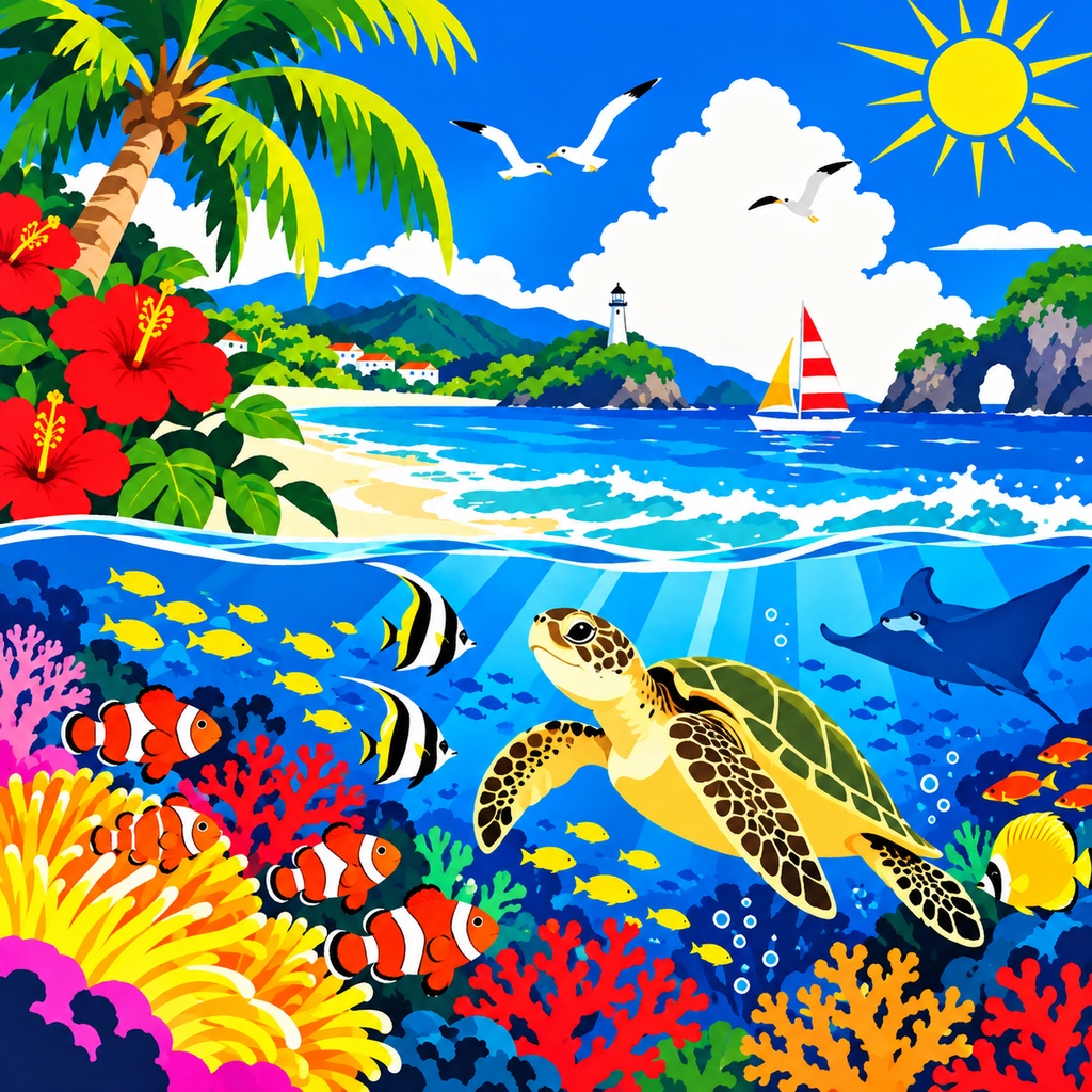 【夏の海アート】青い海の楽園 ― ウミガメと珊瑚の世界｜南国×熱帯魚×トロピカル｜デジタルアート
