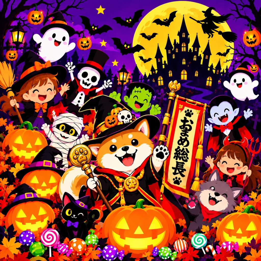 【おまめKS・ハロウィン】おまめとおばけの大冒険｜柴犬×カボチャ×魔女｜かわいいハロウィン・デジタルアート