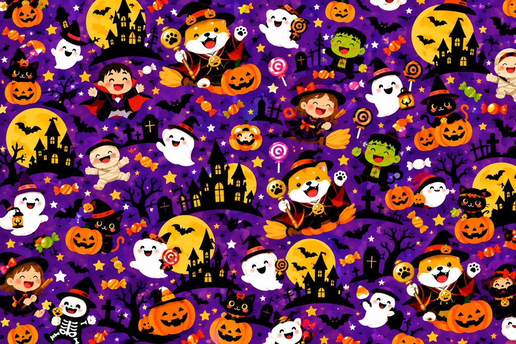 【おまめシリーズ】ハロウィンの仲間たち大集合｜かわいいおばけとカボチャの千代紙風デジタルアート