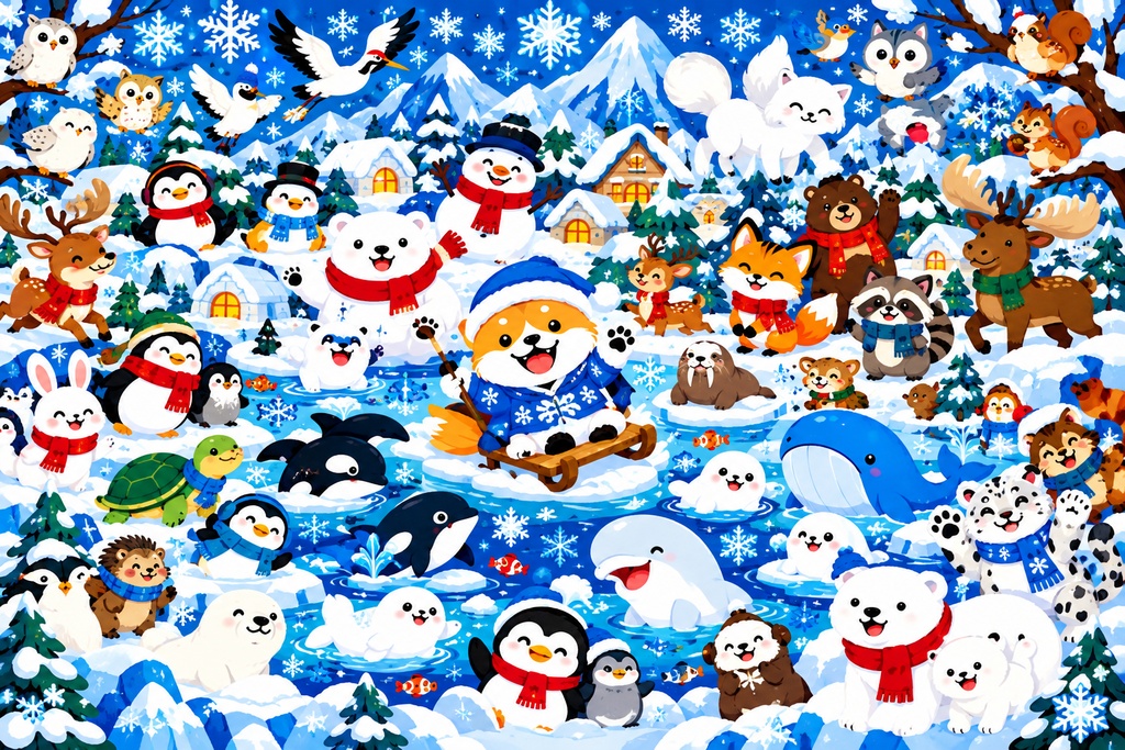 【おまめシリーズ】冬のどうぶつたちと雪の世界｜かわいい雪だるまと仲間たちの千代紙風デジタルアート