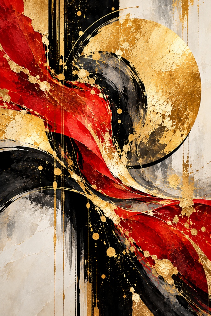 紅蓮の旋律｜赤・黒・金の和モダン抽象画｜拡大サイズPNG【3,333×5,000px】