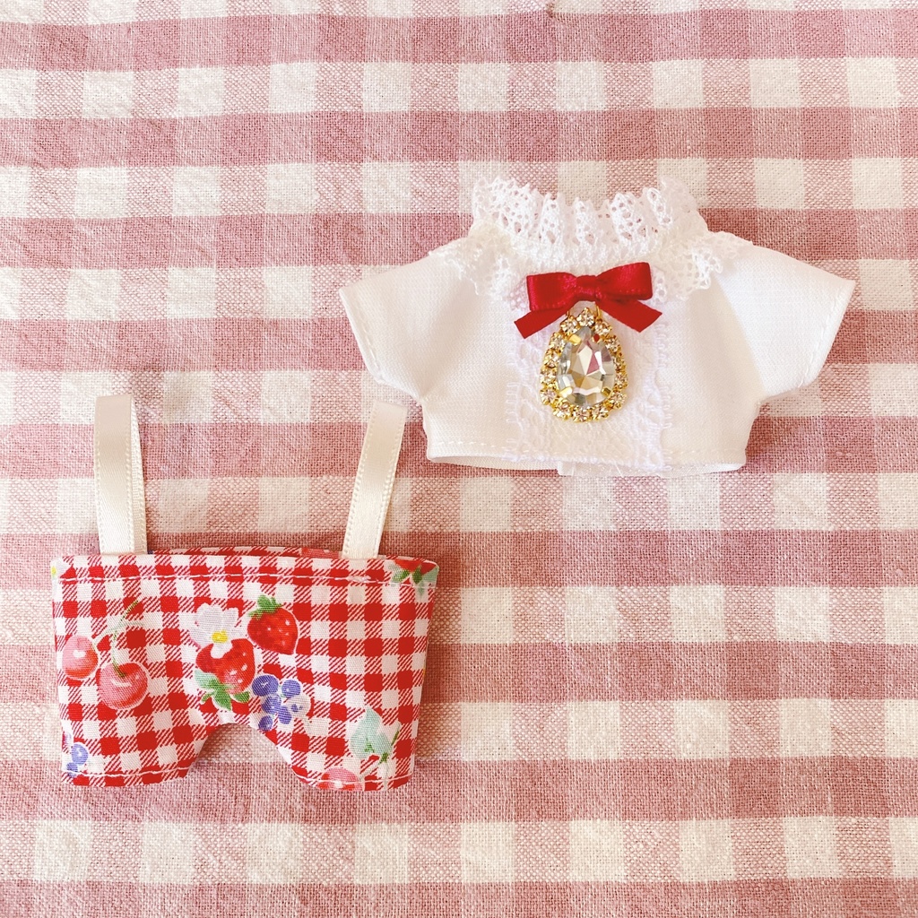 赤チェック×フルーツ柄♡トップス&ズボンset