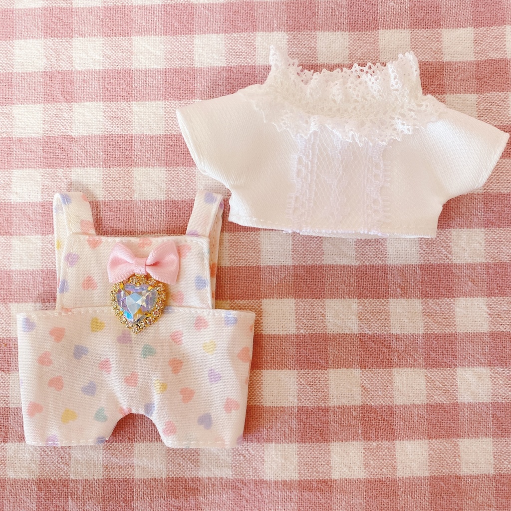 ホワイト×ファンシーハート柄♡トップス&サロペットset