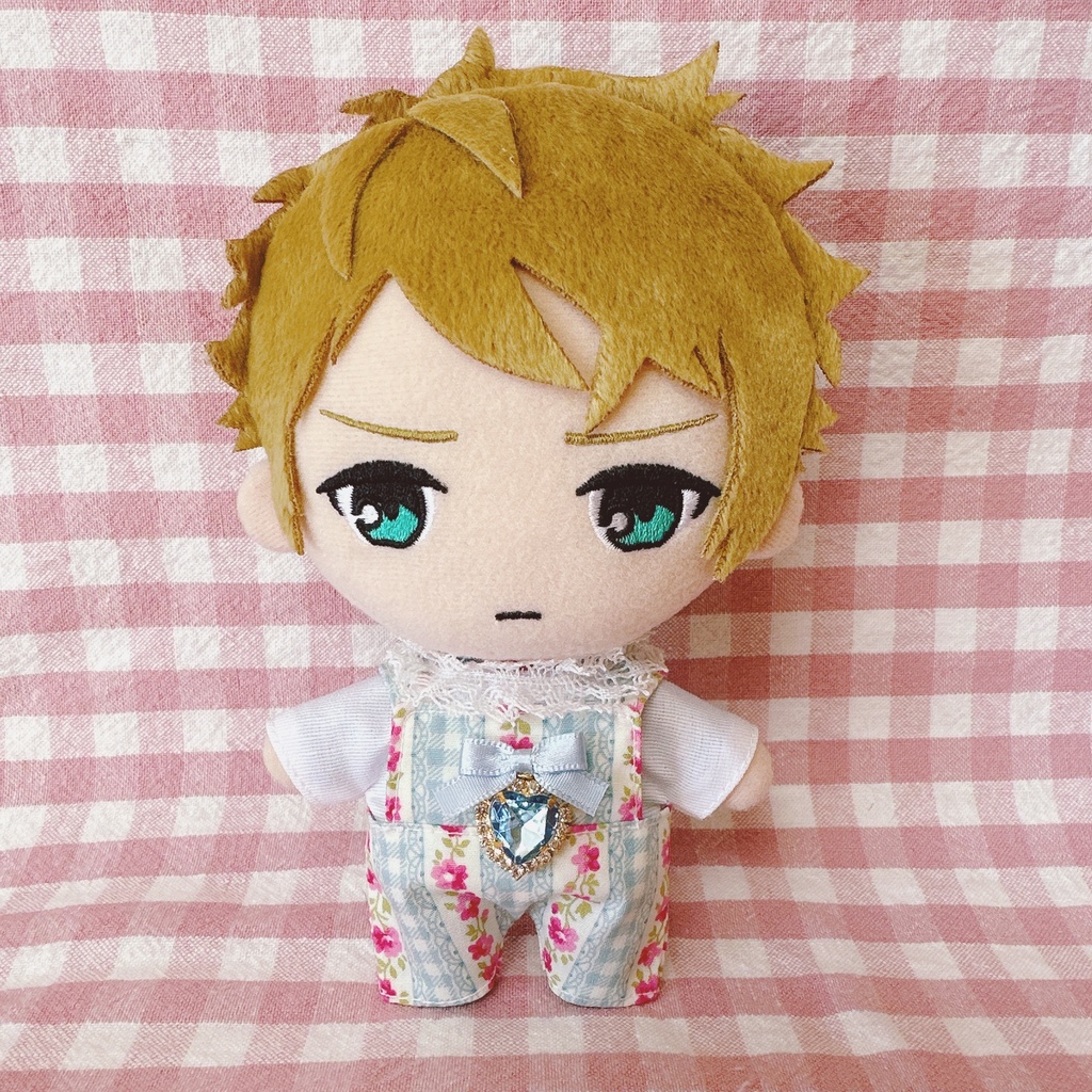 水色チェックフラワー柄♡トップス&サロペットset