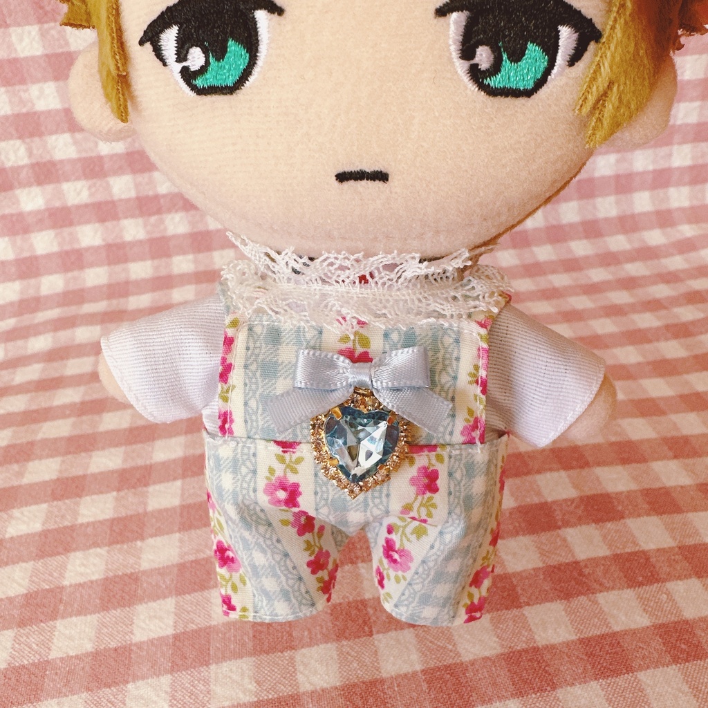 水色チェックフラワー柄♡トップス&サロペットset