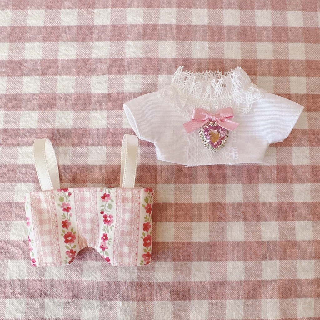 ピンクチェックフラワー柄♡トップス＆ズボンset