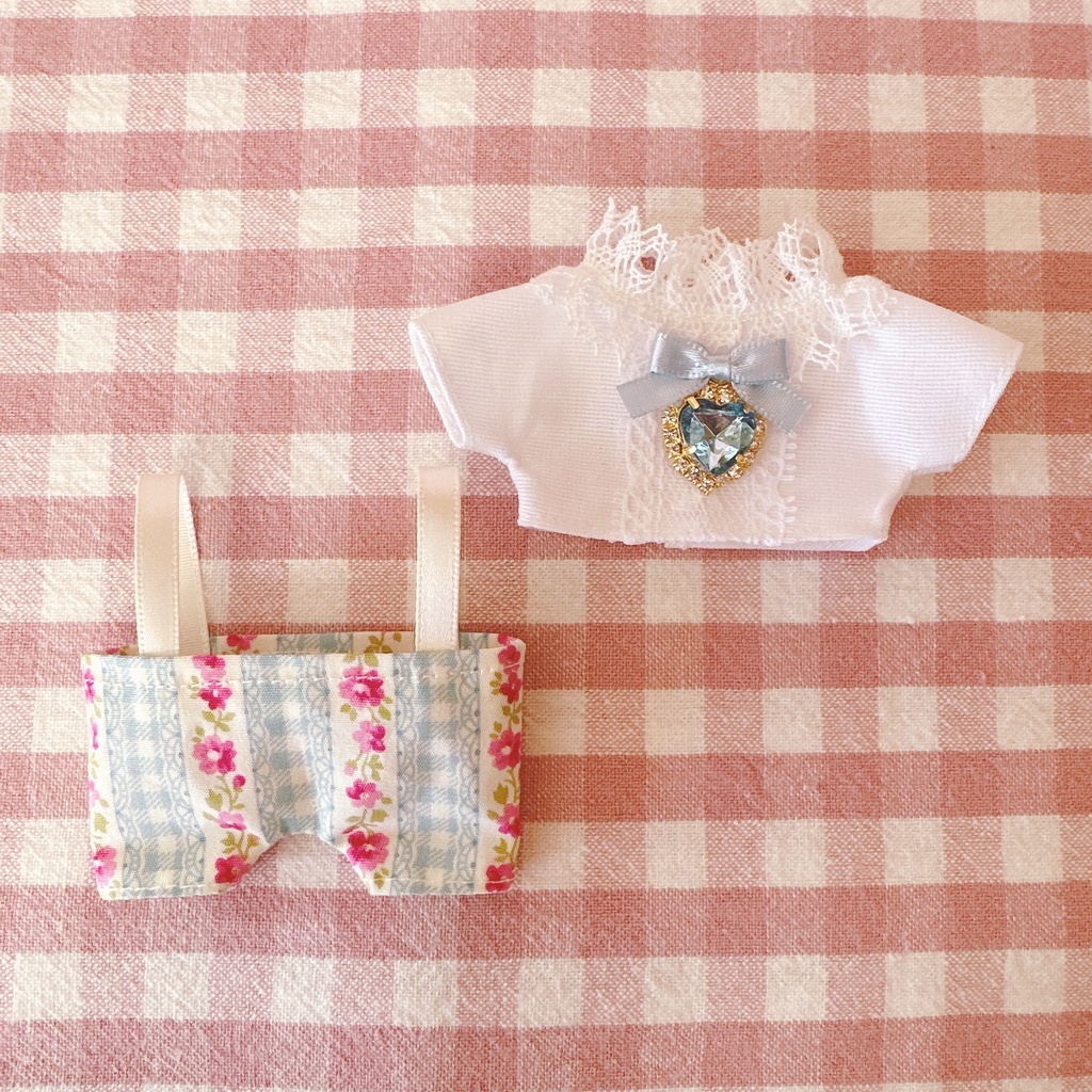 水色チェックフラワー柄♡トップス&ズボンset