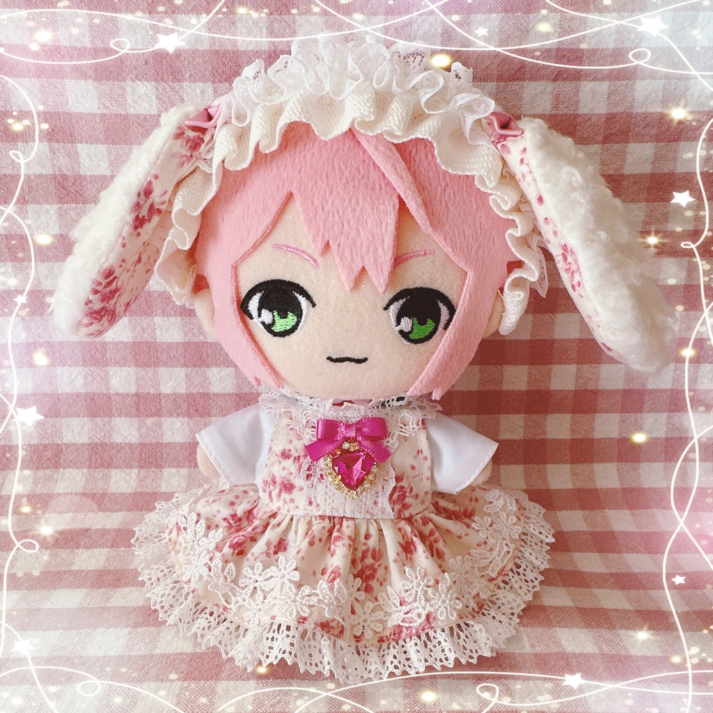 ぬい服♡16cm♡ピンクの花柄ワンピースうさ耳ヘッドドレス - おもちゃ