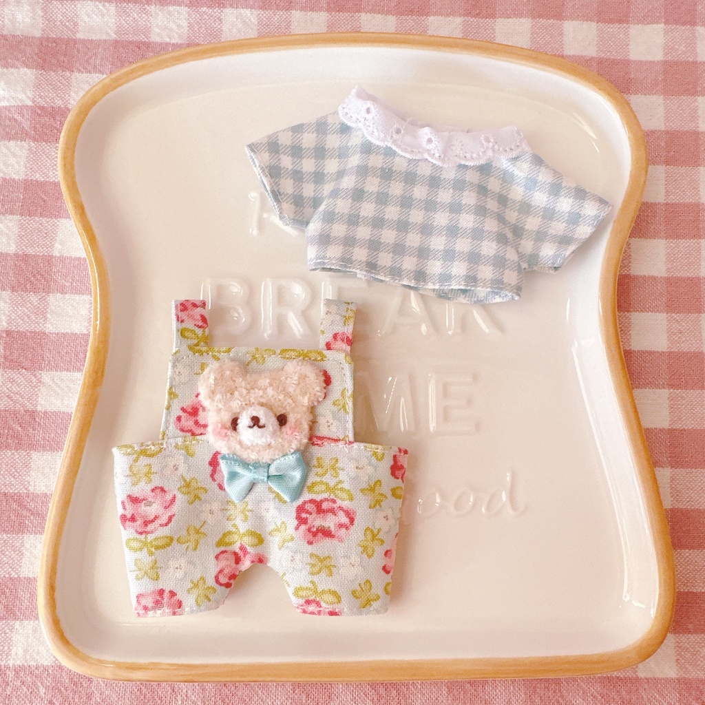 水色×ピンクフラワー柄くまちゃん♡トップス&サロペットset
