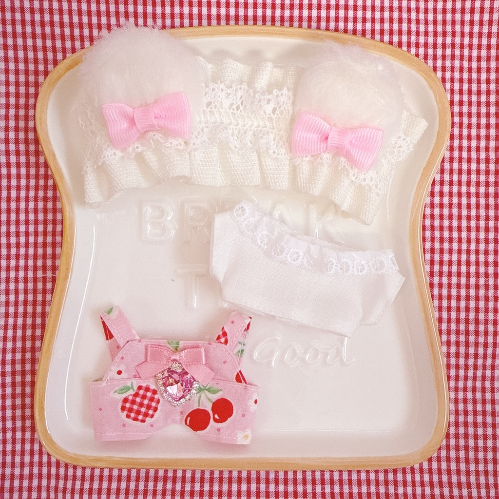 ちびぐるみサイズ☆ピンク×リンゴチェリー柄♡3点set